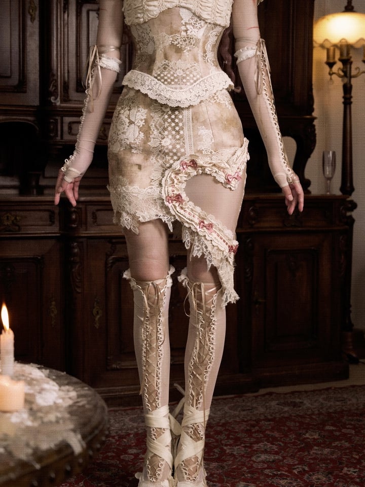 Lace and Pink Bow Accents Heart-shaped Cutout Side Skirt