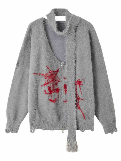 Punk Spiderwebs Gray V-neck Distressed Holes Loose Zip Cardigan with Scarf