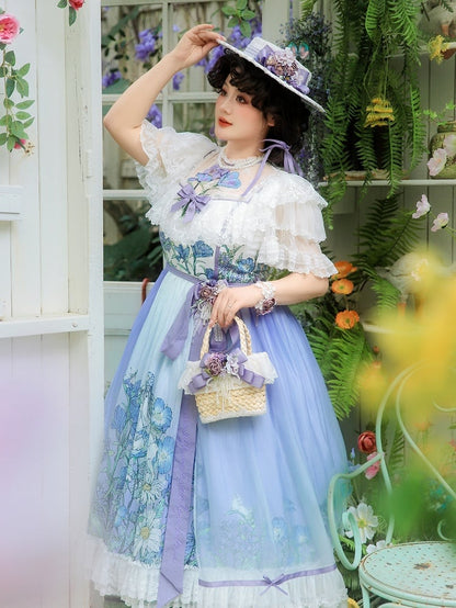 Plus Sizes Available Floral Applique Illusion Neckline Elegant Classic Lolita Floral Print Dress