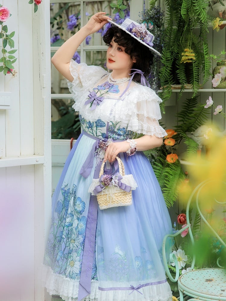 Plus Sizes Available Floral Applique Illusion Neckline Elegant Classic Lolita Floral Print Dress