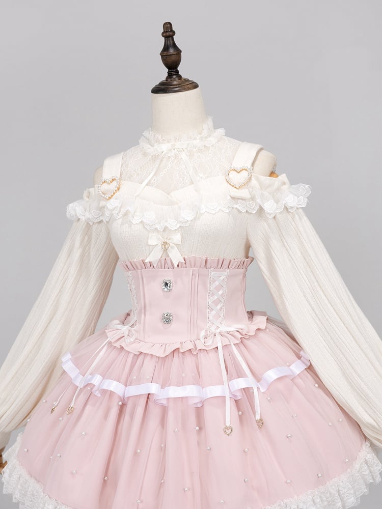 Allover Beads Pink High Waist Jirai Kei Skirt with Lace Up and Shirring Waist