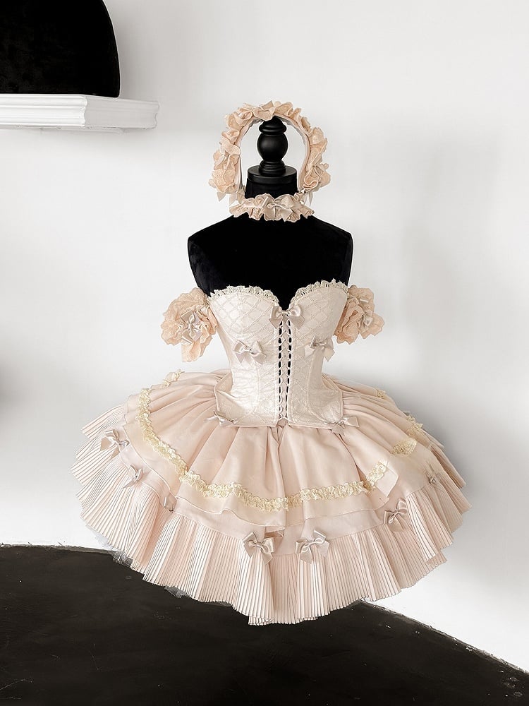 Cream-colored Sweet Lolita Diamond Pattern Corset Top + Skirt + Choker + Wrist Cuffs + KC Full Set