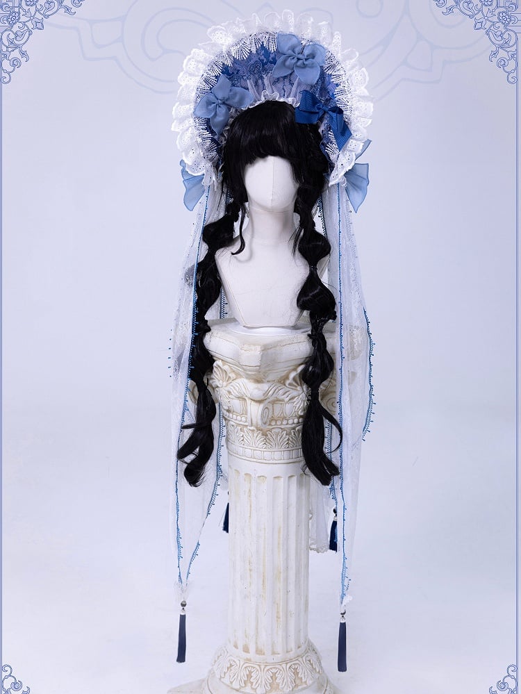 White and Blue Bonnet with Detachable Veil