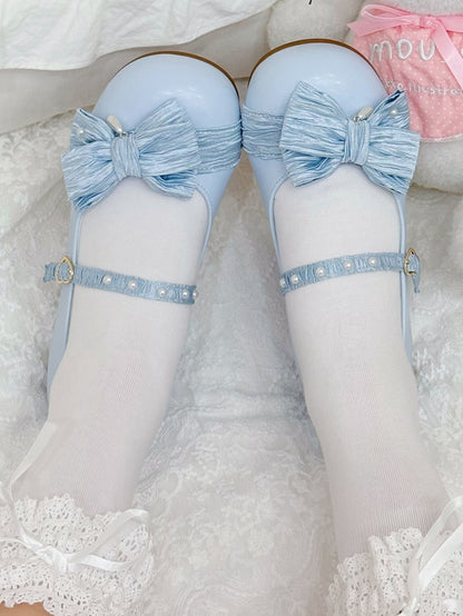 Light Blue Beaded Decorated Bow at Top Heart Buckle Round Toe Lolita Shoes