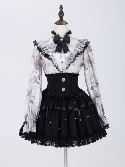 Elegant Gray Floral Jirai Kei Blouse