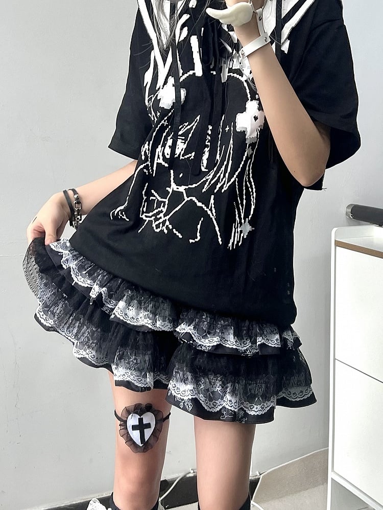 Black&White/Black&Purple Vintage Punk Tiered Skirt with Lace Trim