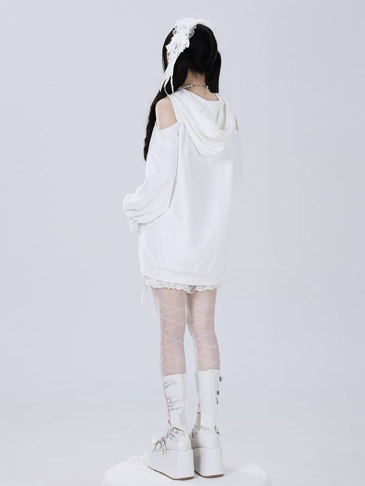Gothic Charm Jirai Kei Hoodie with Lace and Cross Details