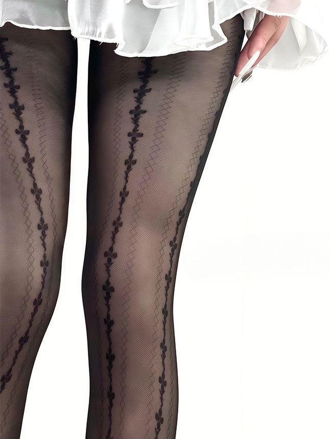 White/Black Y2K Floral Pattern Self-tie Straps Tights