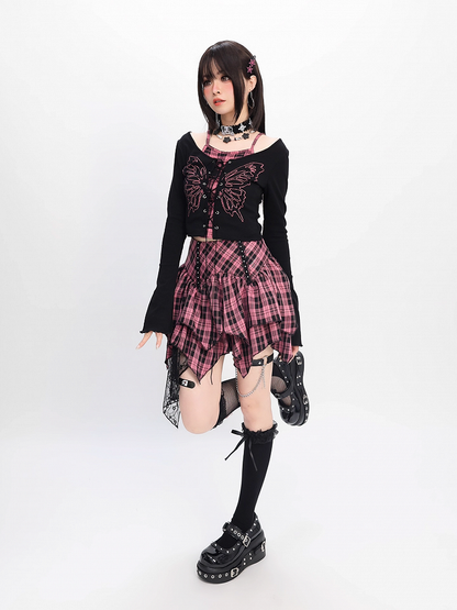 Pink and Black Plaid High Waist Handkerchief Hem Tiered Skirt