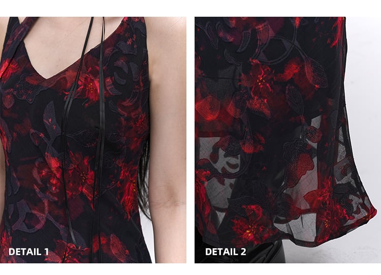 Red and Black V-Neck Ankle Length Floral Slip Dress