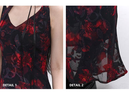 Red and Black V-Neck Ankle Length Floral Slip Dress