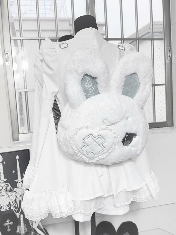 Kawaii Black / White Plush Bunny Backpack with Bendable Ears & Heart Eye Patch Design