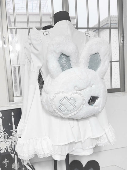 Kawaii Black / White Plush Bunny Backpack with Bendable Ears & Heart Eye Patch Design