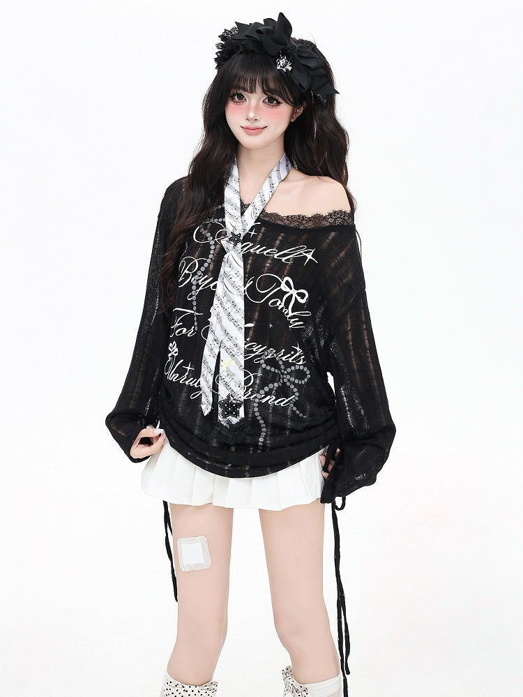 White/Black Letter And Bowknot Details Cutout Design Asymmetrical Neckline Long Sleeves Top