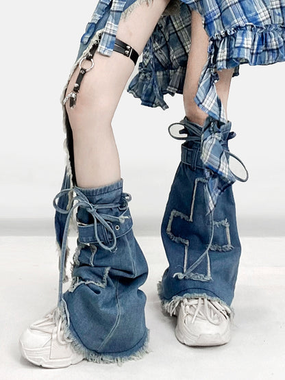 Blue Denim Cross Applique Self-tie Strap Decorated Leg Warmers