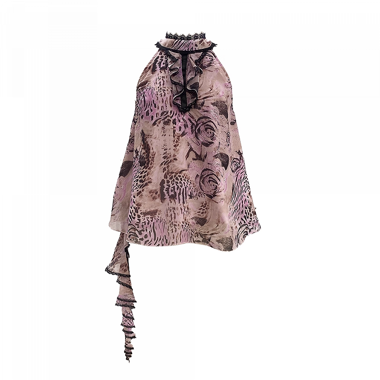 Gyaru Fashion Pink Leopard and Rose Print Cascading Ruffle Self-tie Halter Top
