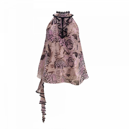 Gyaru Fashion Pink Leopard and Rose Print Cascading Ruffle Self-tie Halter Top