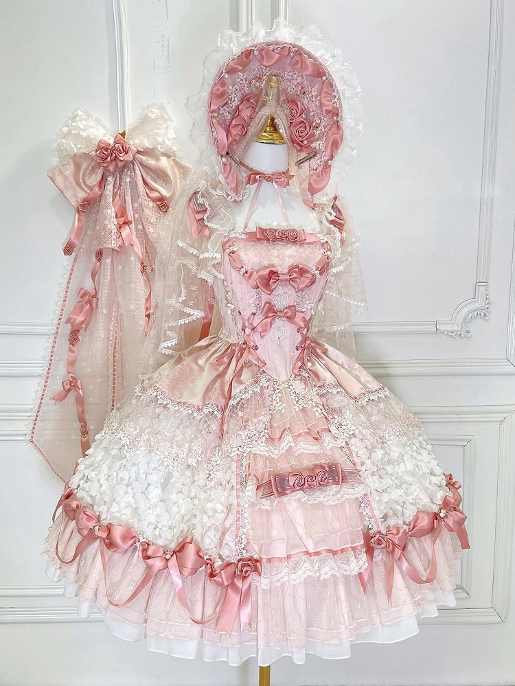 Pink Hanayome Lolita Hime Dress with Corset Waist and Rose Bow Accents Short Version