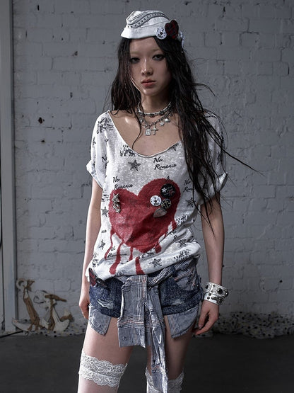 Y2K Blue Low Waist Distressed Holes Punk Bodycon Shorts with Detachable Sleeves