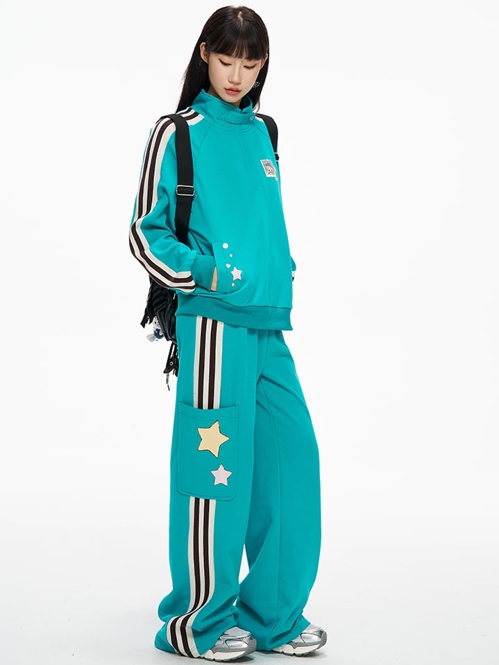Blue Cargo Pockets Sporty Sweatpants with Side Striped Details