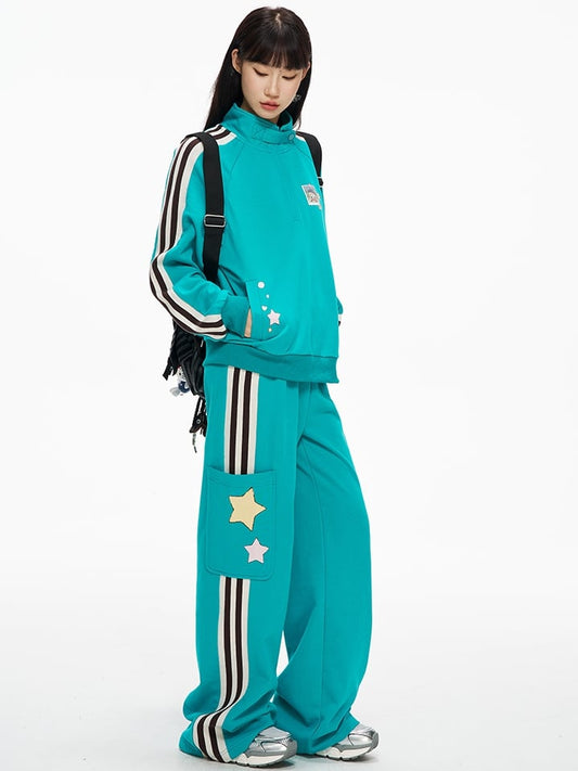 Blue Cargo Pockets Sporty Sweatpants with Side Striped Details