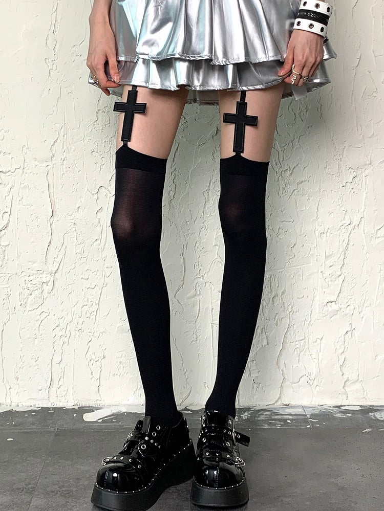 Black//White Y2K Cross Applique Suspender Stockings