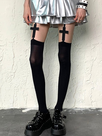 Black//White Y2K Cross Applique Suspender Stockings
