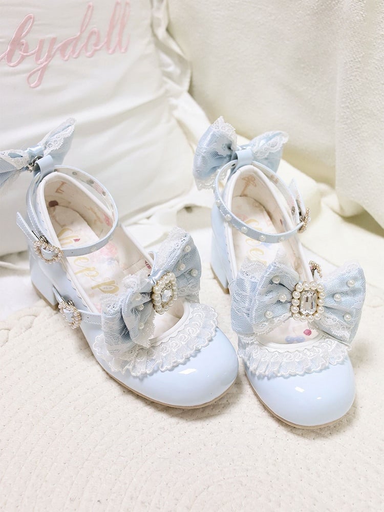 Polished Blue Detachable Rhinestone And Beaded Decorated Bowknot Lace Trim 4.5CM Block Heels Shoes