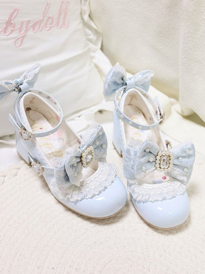 Polished Blue Detachable Rhinestone And Beaded Decorated Bowknot Lace Trim 4.5CM Block Heels Shoes