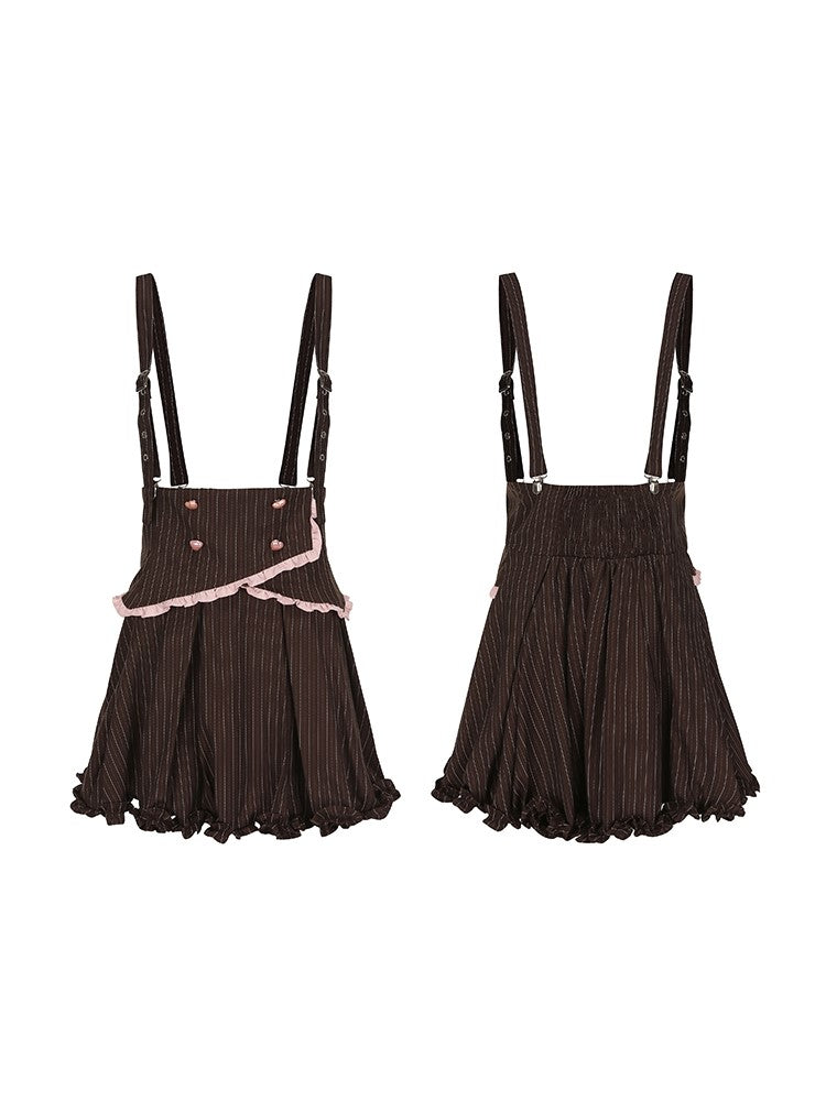 Plus Size Black Striped Ruffled Trim Set: Overall Skirt with Adjustable Straps & Elastic Waist Bloomers