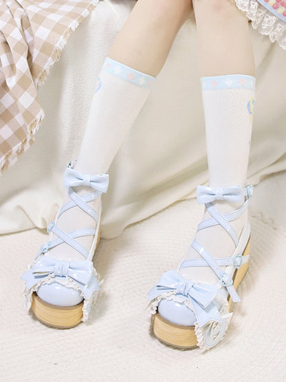Polished Blue Bunny Ear Bowknot Old School Sweet Lolita Platforms