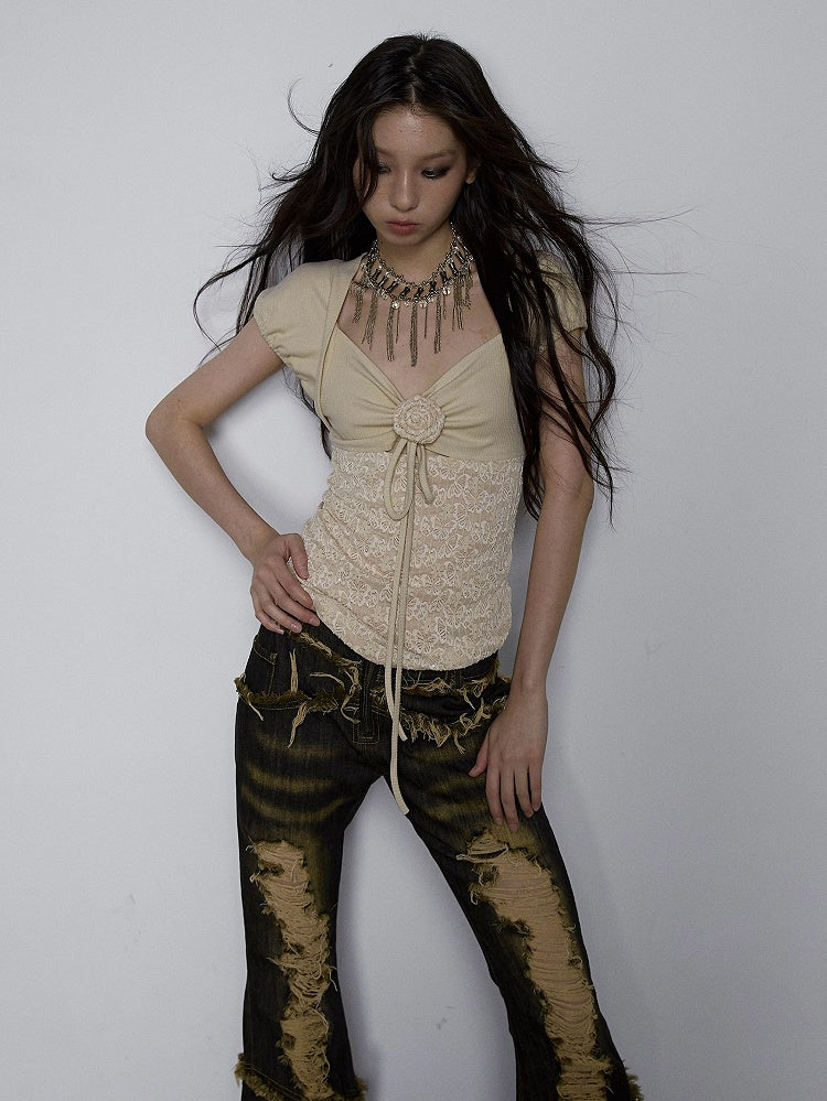 Floral Design Light Khaki Butterfly Jacquard Top