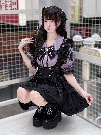Purple Peter Pan Collar Blouse with Black Lace-up Waist Overall Skirt Jirai Kei Set