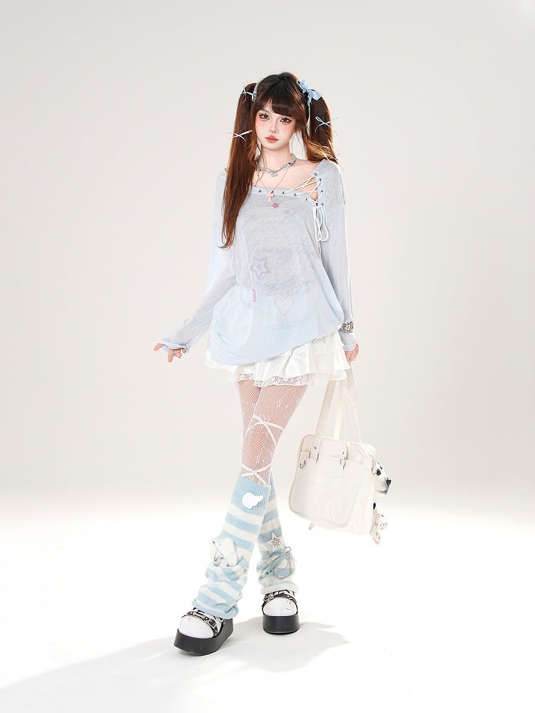 Lace-up Asymmetrical Neckline Blue/White Semi-sheer Coverup