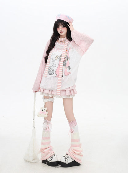 Cartoon Girl Print Black/Pink/Blue Colorblock Design Semi-sheer Coverup