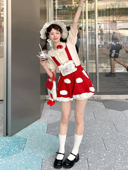 Fleece White Spot Applique Red Sweet Lolita Mushroom Bubble Short with Detachable Straps