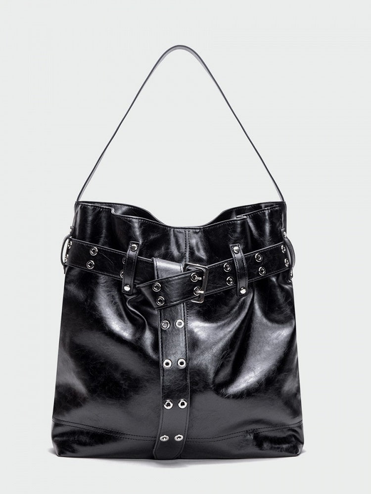 Elegant Black Tote Bag With Belt Buckle Accent - Perfect For Commuting