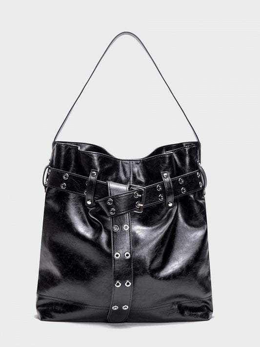 Elegant Black Tote Bag With Belt Buckle Accent - Perfect For Commuting