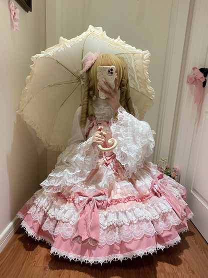Pink Detachable Bows and Bead Details Sweet Tiered Skirt Lolita Dress