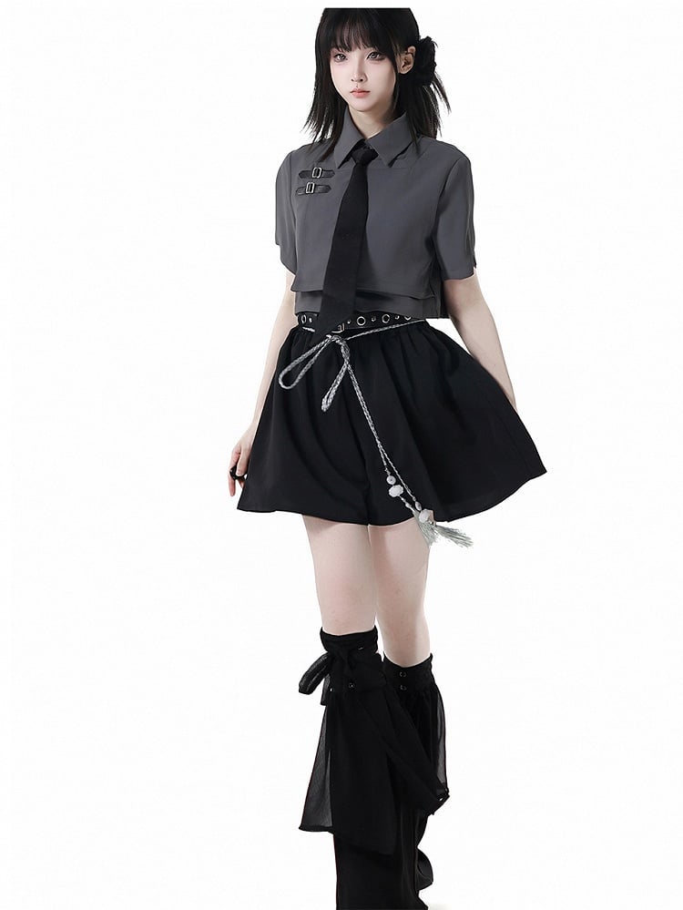 Black Cheongsam Style Shorts with Buckle Belt and Tassel Belt