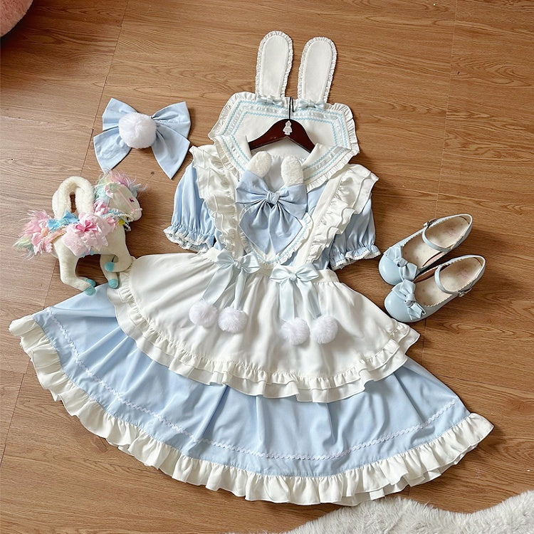 Bunny Ears Sailor Collar Blue Short Sleeves Maid Lolita Dress with White Apron