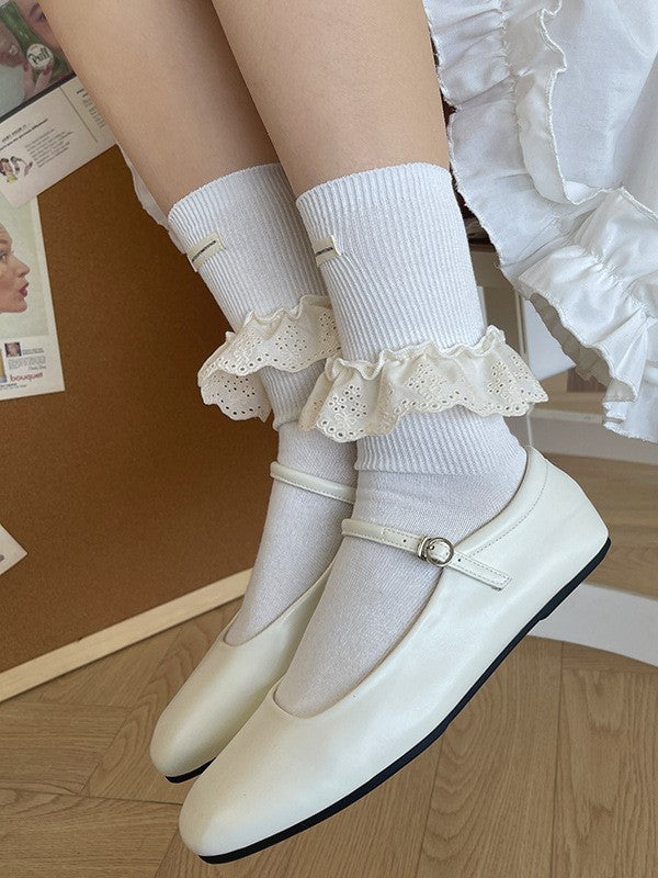 White/Black/Grey/Apricot Lolita Calf Socks With Hollow-out Lace Ruffled Cuffs