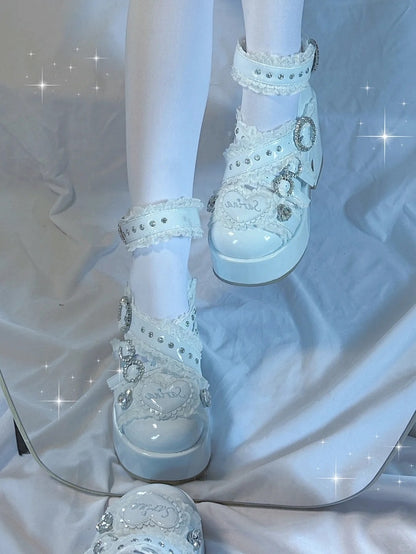 Jirai Kei Tenshi Kaiwai Platform Heels: Light Blue Criss-Cross Buckle Straps with Lace & Rhinestone Details