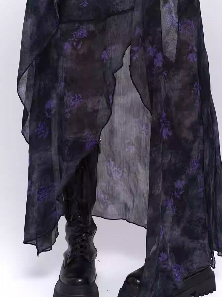 Black & Purple Floral Print Asymmetrical Hem Glamorous Cami Dress