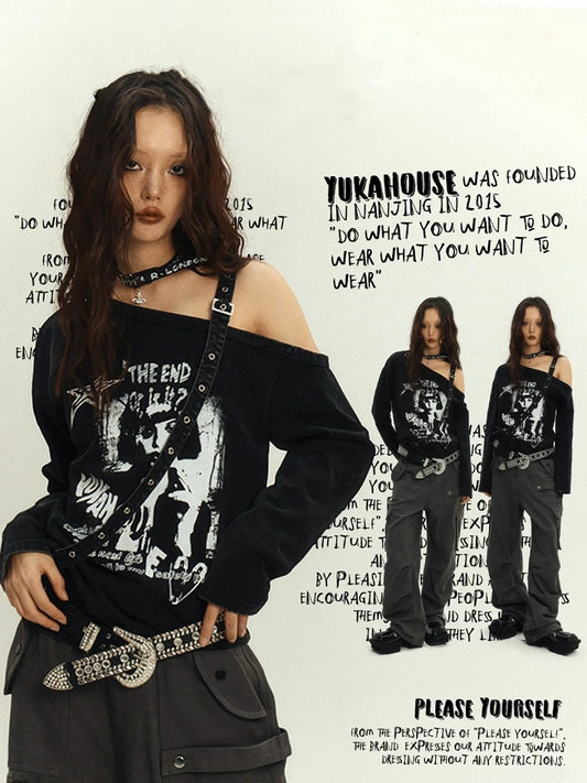 Punk Y2K Black Asymmetrical Cutout Shoulder Top