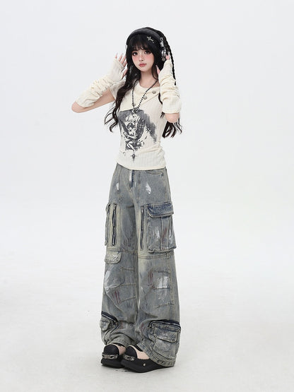 Black/Light Blue Low Rise Spray Paint Print Wide-leg Cargo Jeans