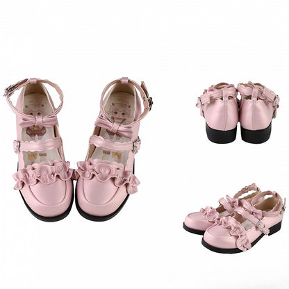 Pink Ruffles Trim Bowknot Decorated Heart Buckles Lolita Shoes