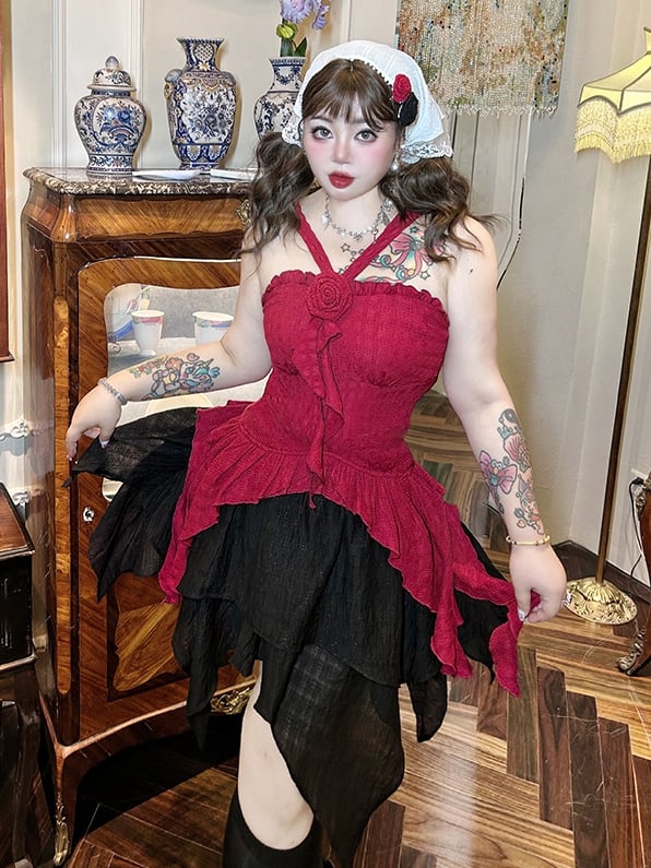 Plus Size Adjustable Straps Red Rosette Top