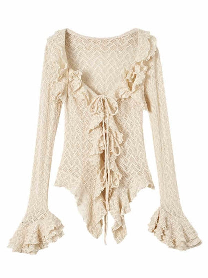 Apricot Vintage Ruffles Bell Sleeves Slim Fit Top