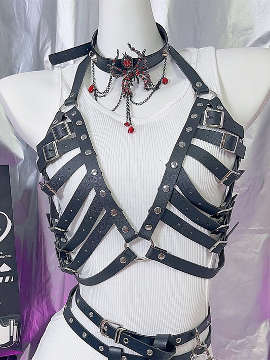 Black Y2K Studs Details PU Chest Belt